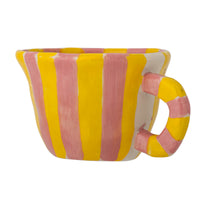 Nini cup pink and yellow striped stoneware, side view with handle
