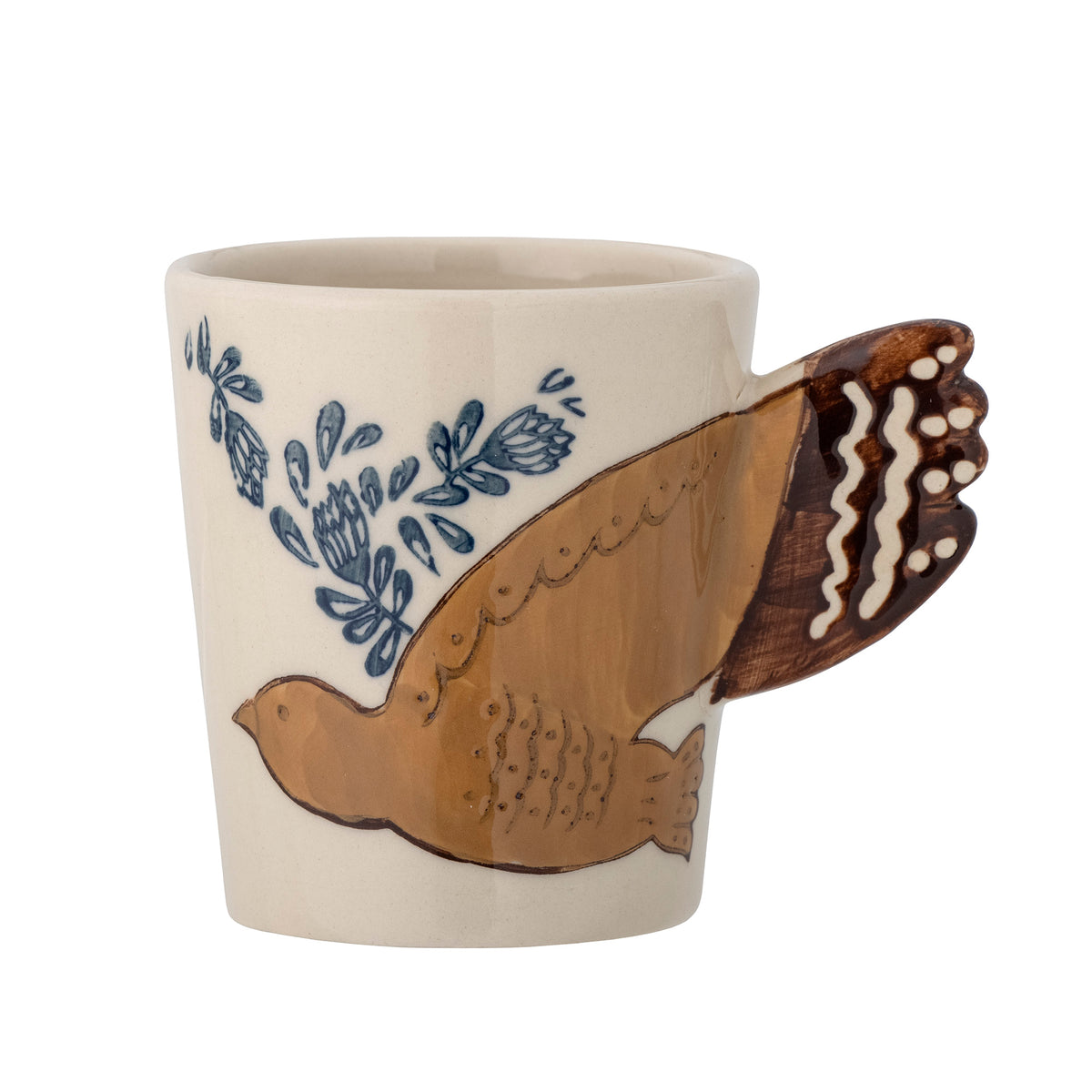 Close-up product image of the Bloomingville Hezha Cup in Blue with 3D bird handle and gold botanical details.
