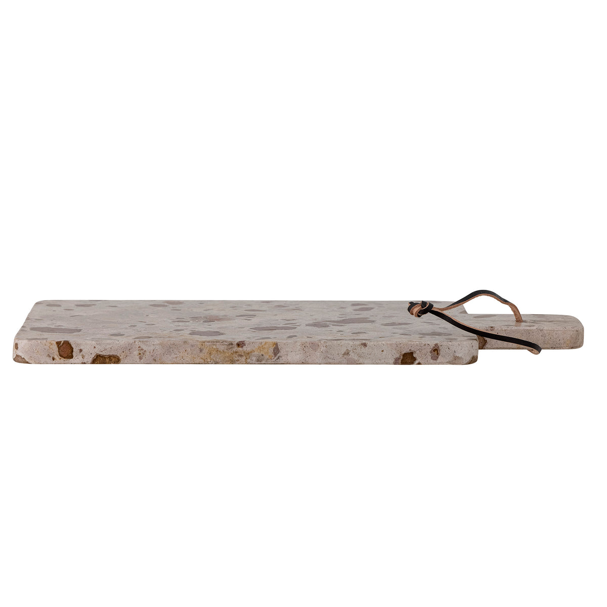 Long rectangular marble cutting board with a handle on a white background