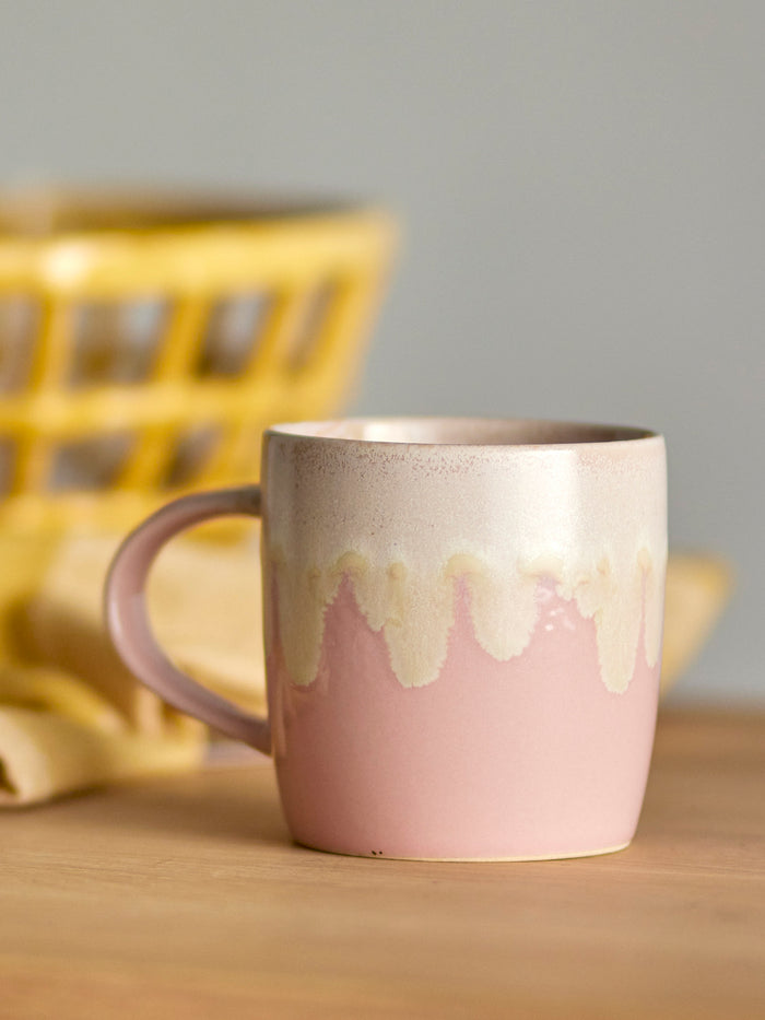 Louisa rose pink mug displayed on a kitchen shelf with pastel ceramics
