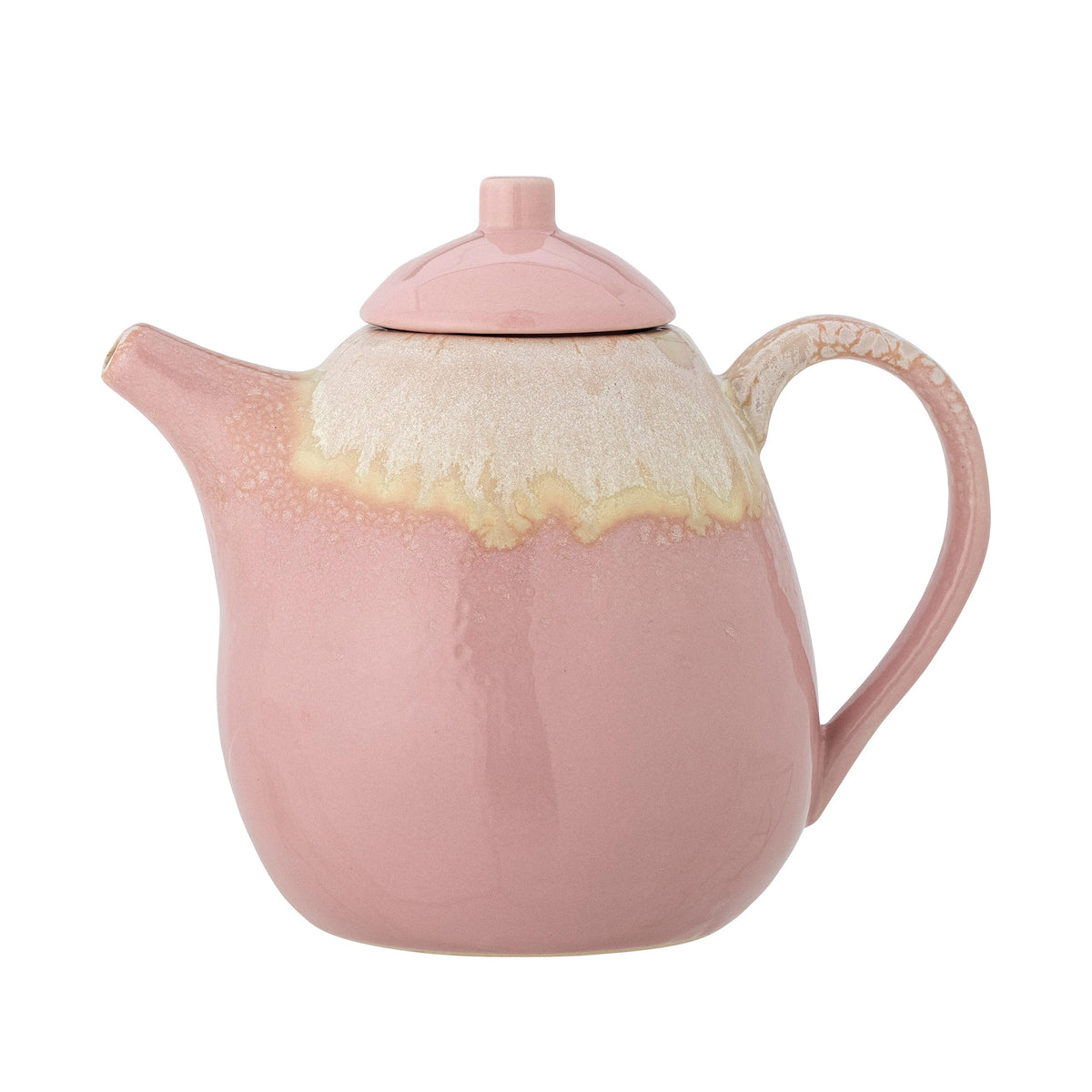 Louisa teapot rose pink stoneware, side view with running glaze and curved spout, 1190ml
