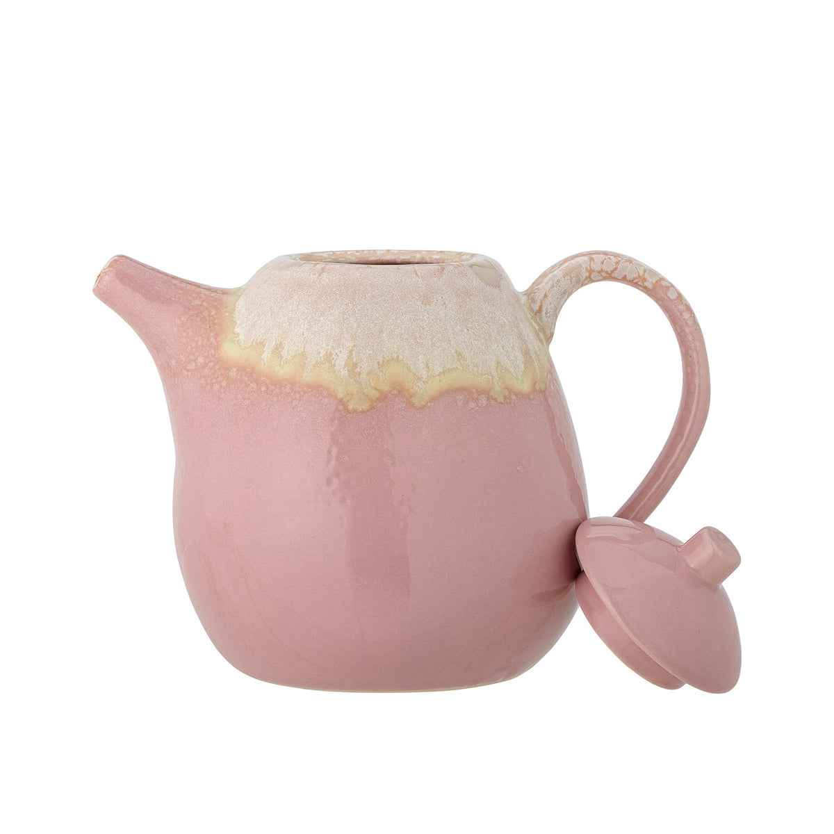 Louisa teapot in rose pink stoneware with running cream glaze, angled view showing handle and lid, 1190ml
