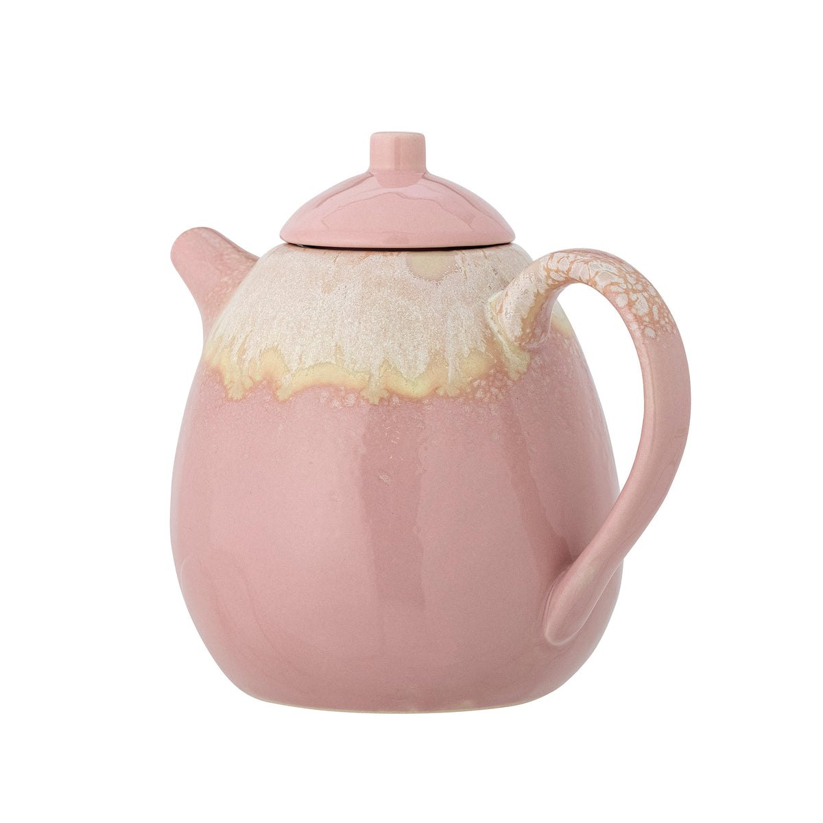 Pink ceramic teapot with a textured surface on a white background