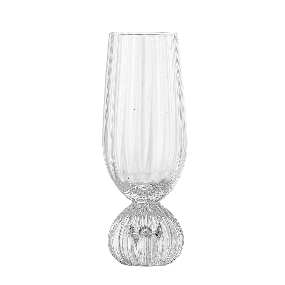 Taurin champagne flute with a ribbed, straight-sided bowl on a rounded, ribbed base on a white background