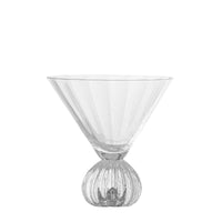 Taurin cocktail glass with a wide ribbed cone bowl on a rounded, ribbed glass base on a white background