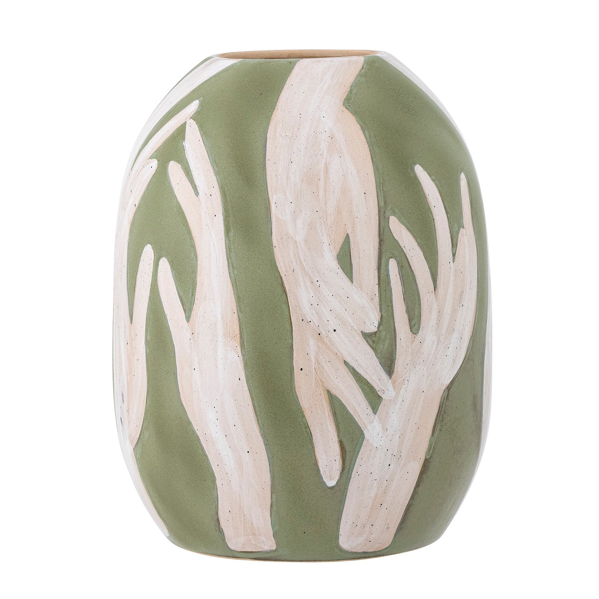 Adalena green stoneware vase side view showing abstract painted pattern