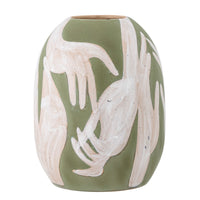 Adalena green stoneware vase front view showing hand-painted motif