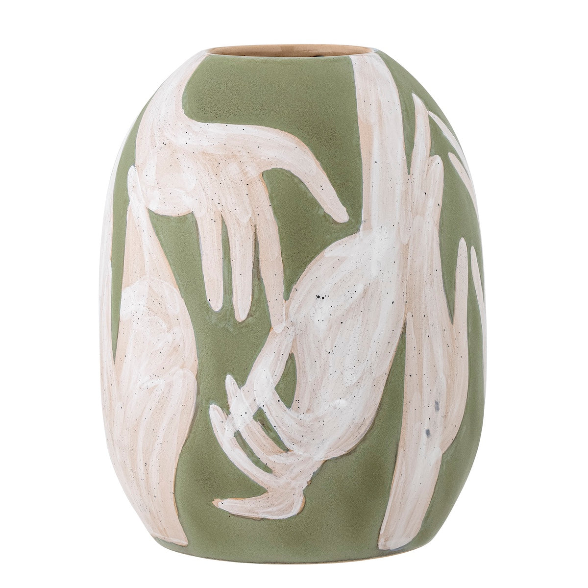 Adalena green stoneware vase front view showing hand-painted motif