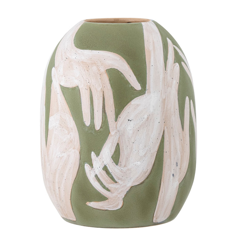 Adalena green stoneware vase front view showing hand-painted motif