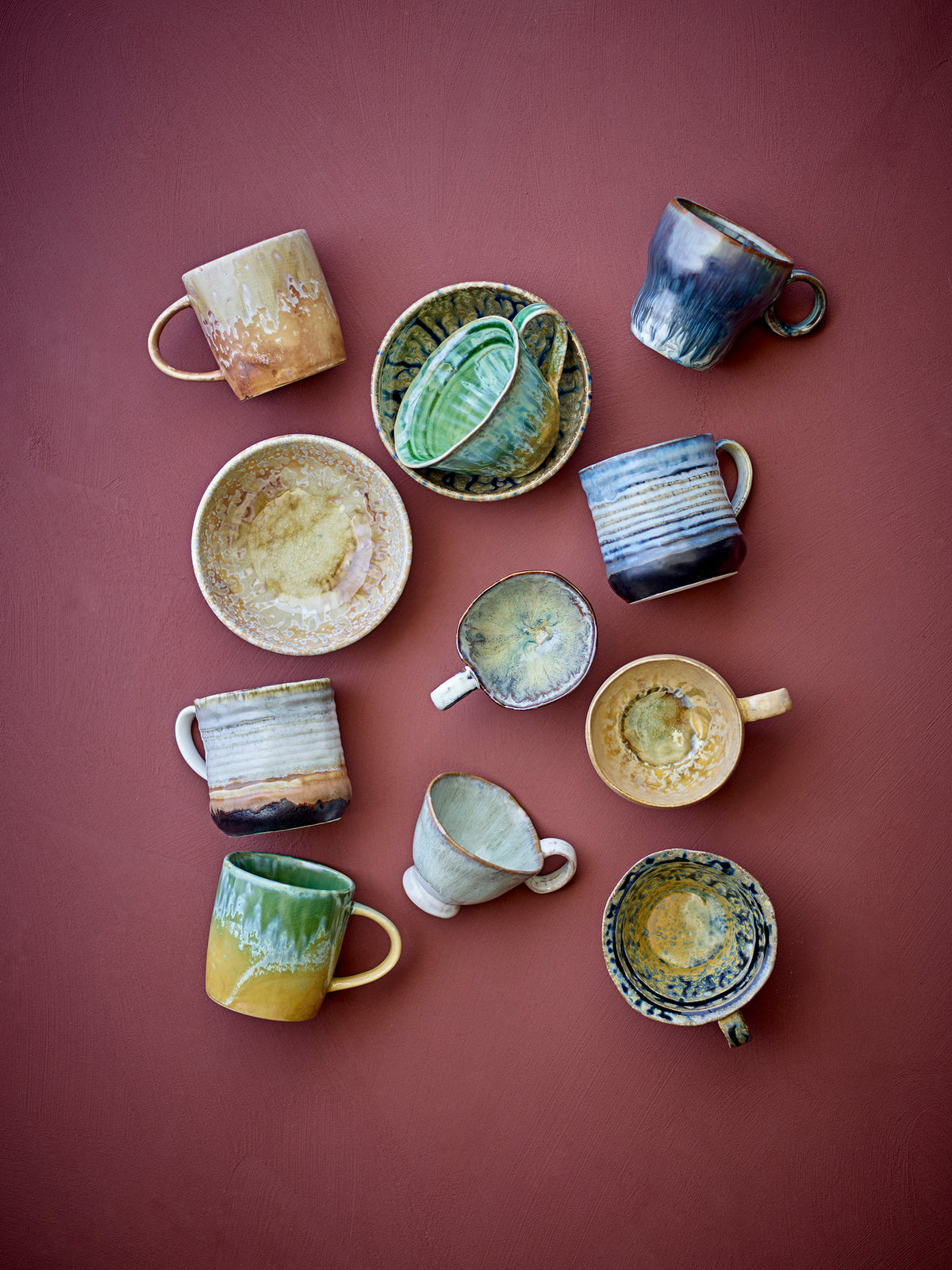 Bloomingville Imogen cups styled with matching mugs and plates
