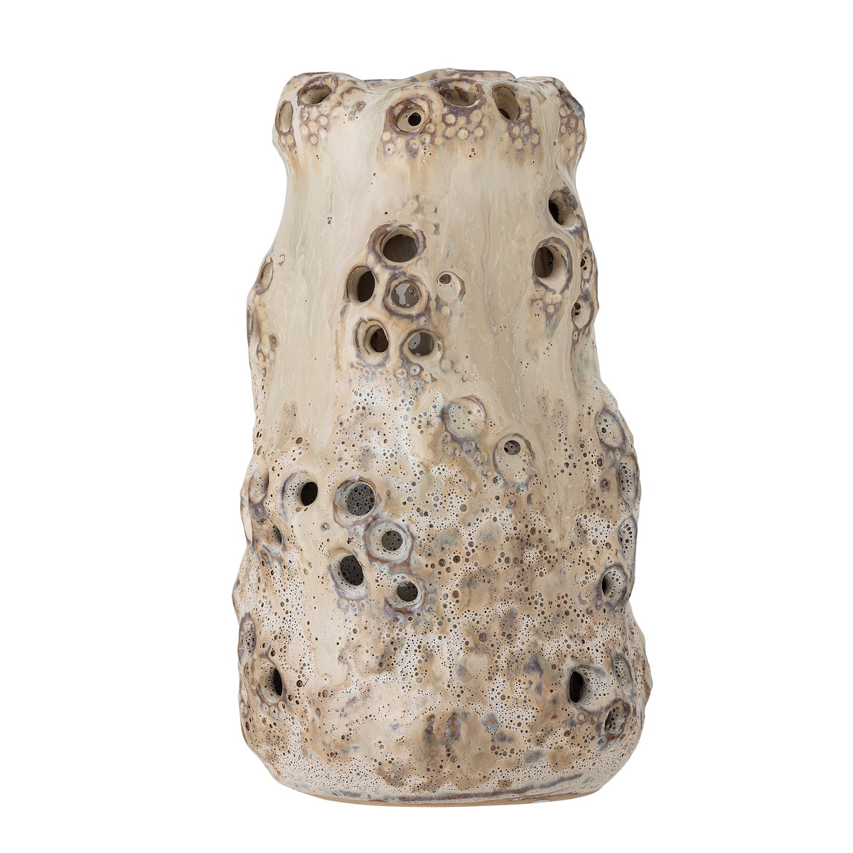 Noble beige stoneware vase front view showing pierced sculptural texture
