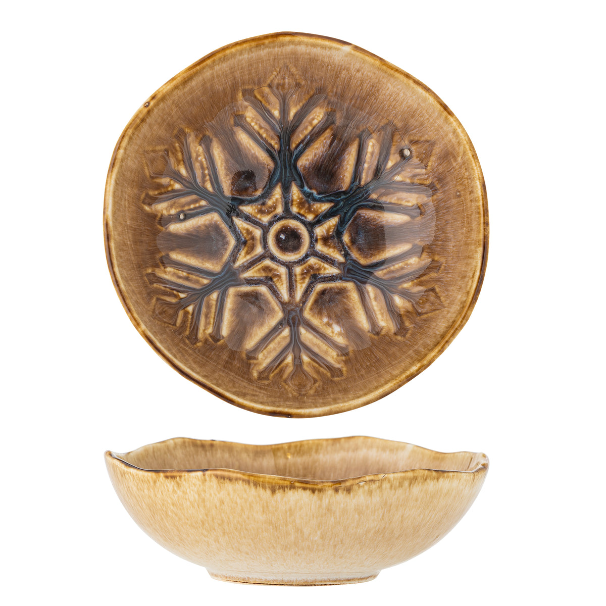 Decorative ceramic plate with star pattern and a matching bowl on a white background
