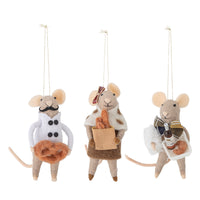 Set of three felted wool mouse Christmas ornaments on white background