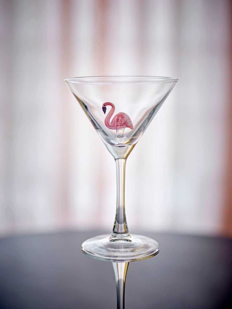 Misa cocktail glass with pink flamingo decoration, close-up on a table with soft background, 170ml
