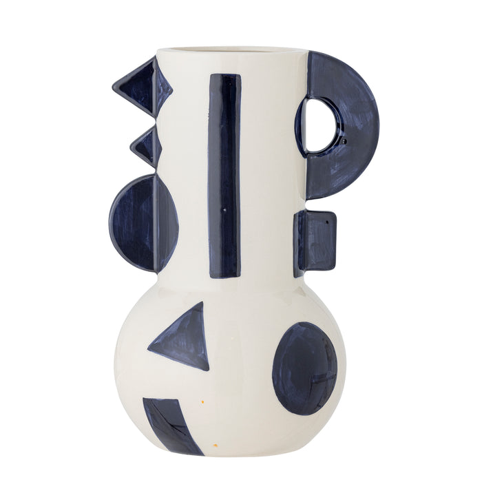 Graphica vase in blue hand-painted graphic stoneware, 24cm
