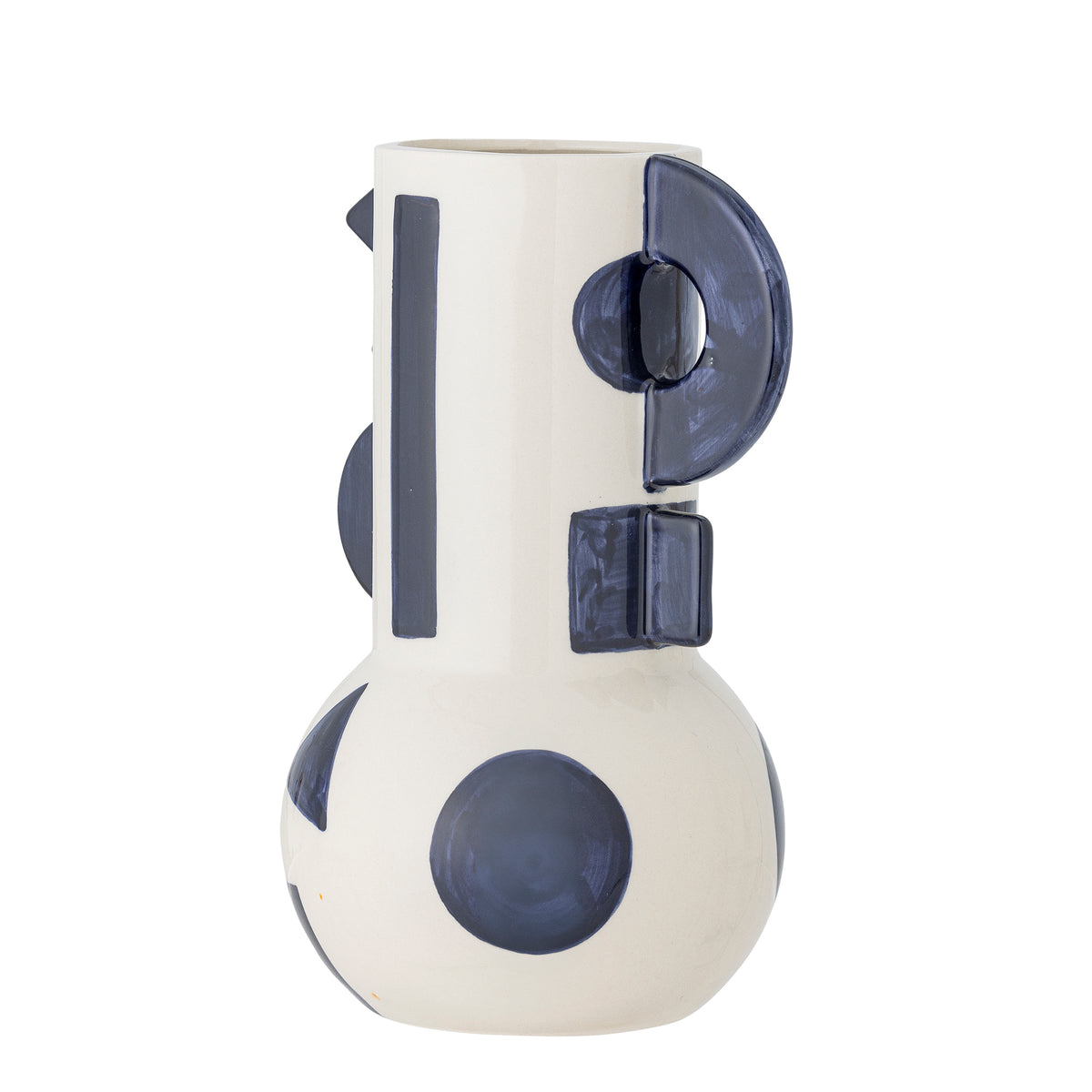White ceramic vase with blue circular patterns on a white background