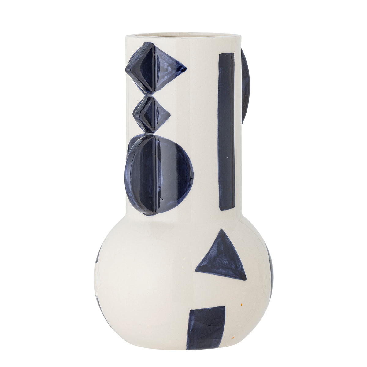 Ceramic vase with geometric blue patterns on a white background