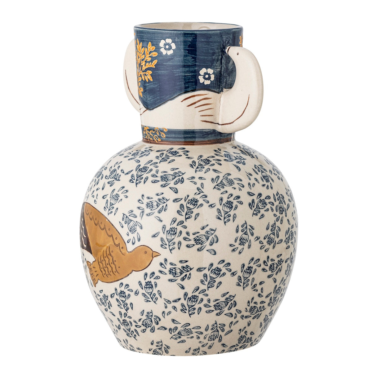 Hezha navy blue vase with bird motif filled with wildflowers on a console table