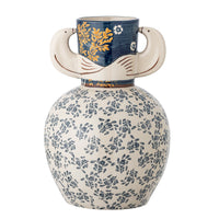 Close up of Hezha vase showing navy blue neck and bird-head handle detail