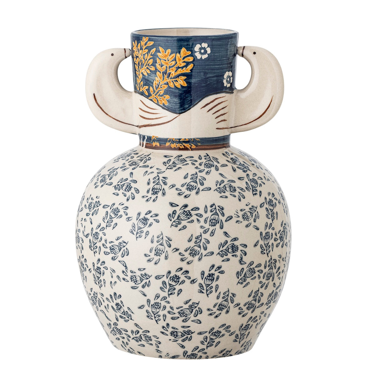 Close up of Hezha vase showing navy blue neck and bird-head handle detail