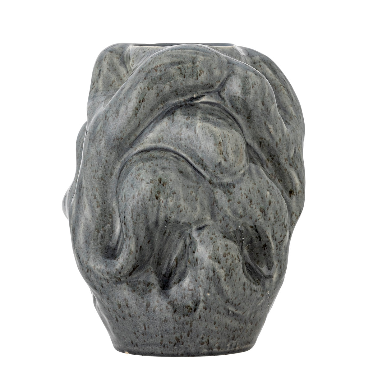 Vuelle grey stoneware vase side view showing reactive glaze pattern