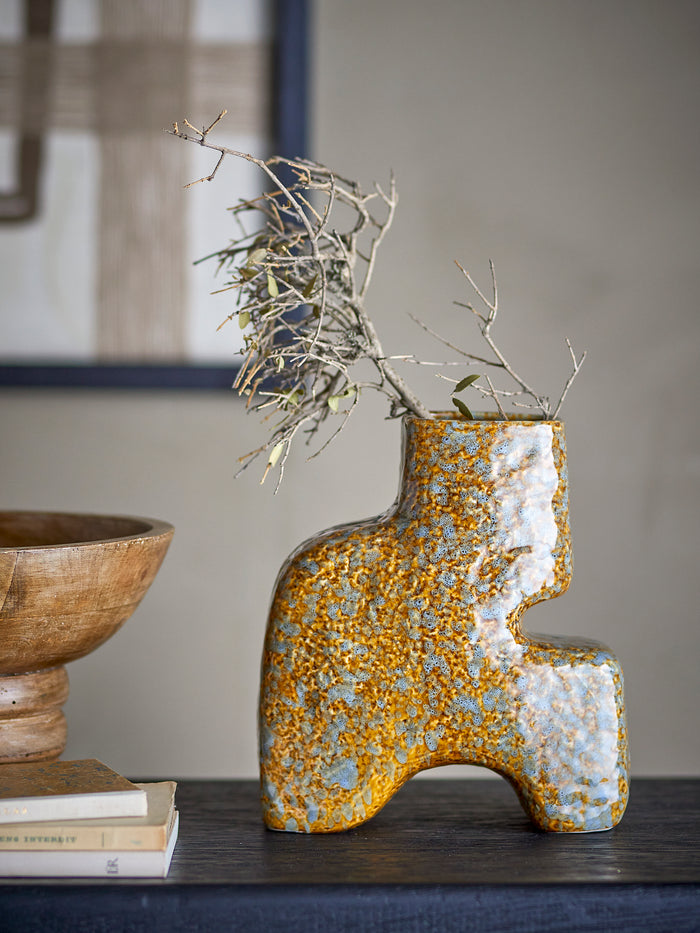 Ollia vase sculptural brown and sand reactive glaze stoneware, styled on console
