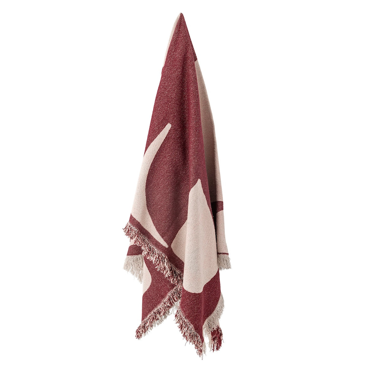Olica burgundy throw hanging showing full abstract curved pattern and fringed edge