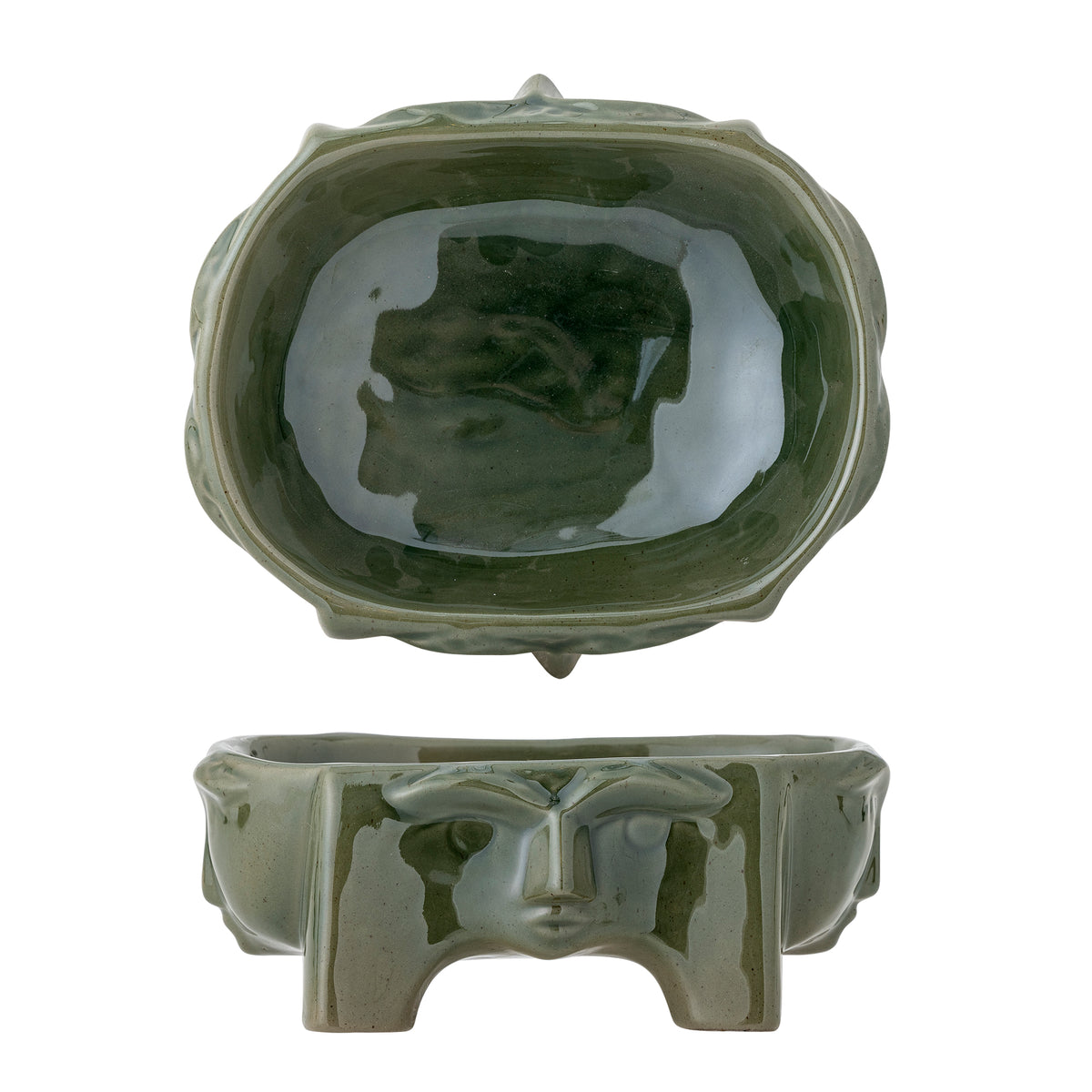 Amilia bowl green stoneware, angled view with sculptural legs
