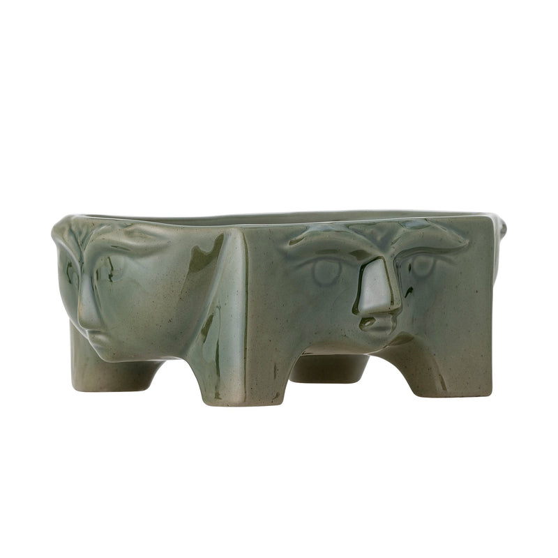 Amilia bowl green stoneware, side view showing sculptural faces, 855ml
