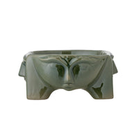 Amilia bowl green reactive glaze with face motif, artisan finish
