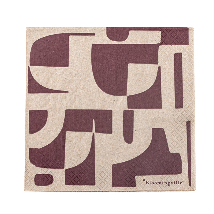Olica napkin nature with burgundy abstract graphic print, Bloomingville, FSC recycled paper, pack of 20
