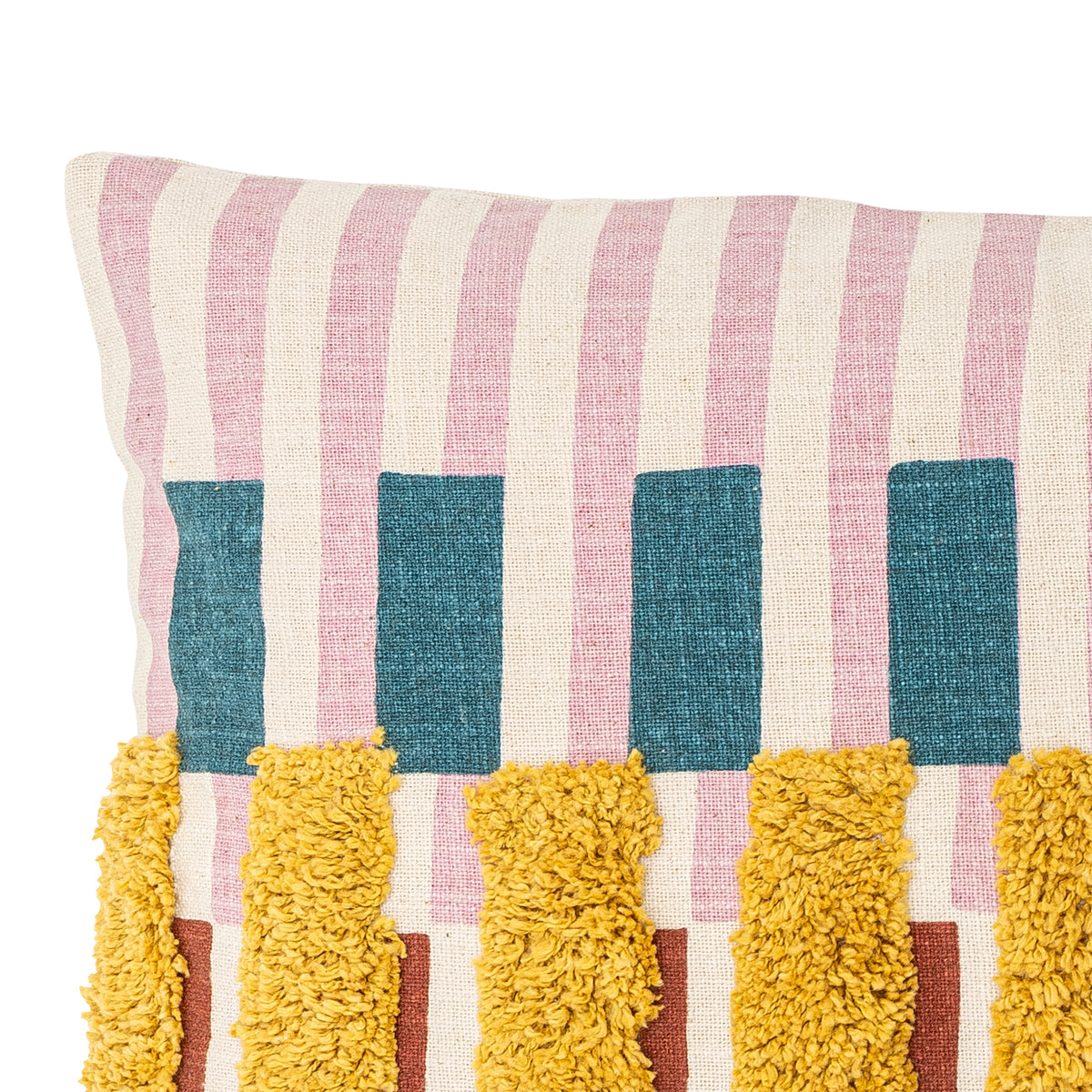 Close-up of the Lane Cushion’s tufted yellow stripes and graphic print
