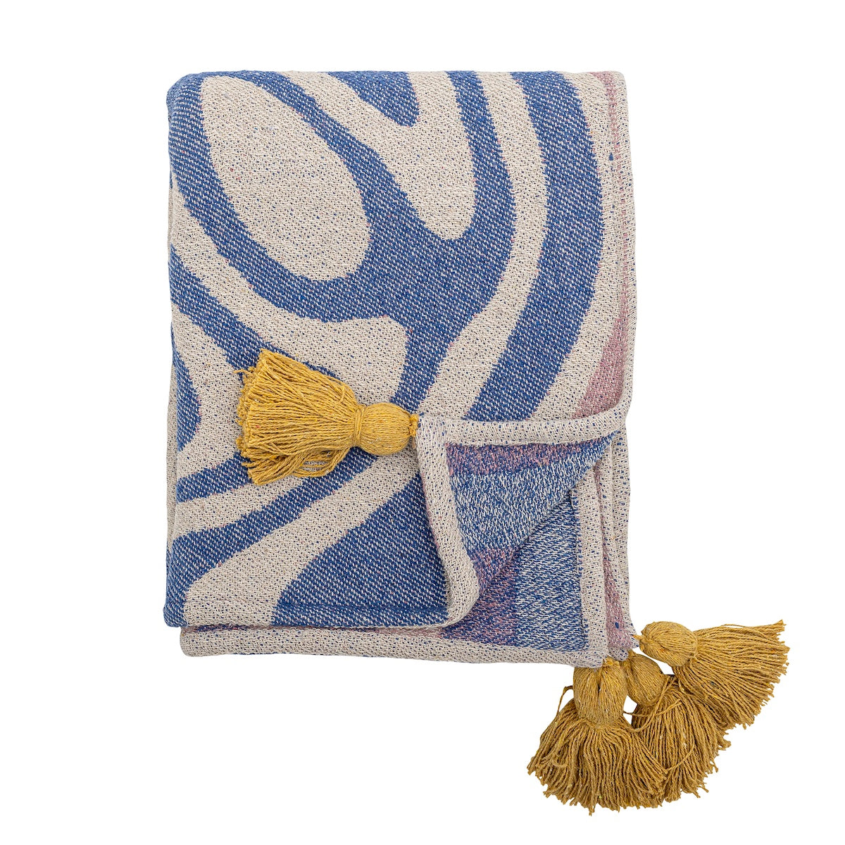 Arlie blue throw folded showing front swirl pattern and tassel detail
