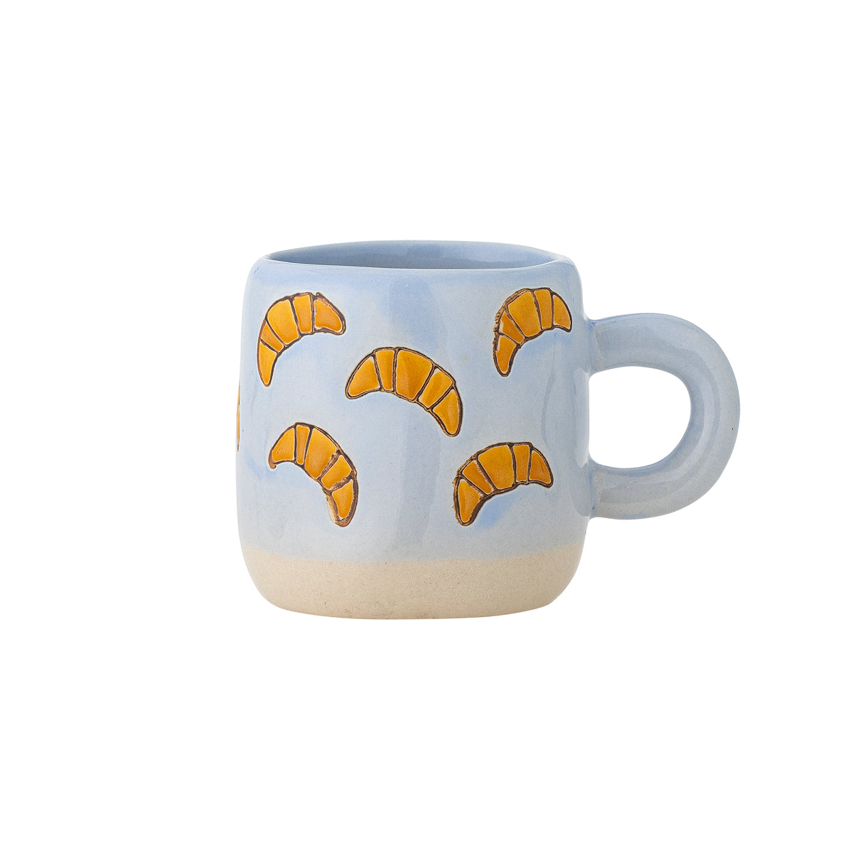 Millie light blue stoneware cup with orange croissant illustrations and a beige base on a white background
