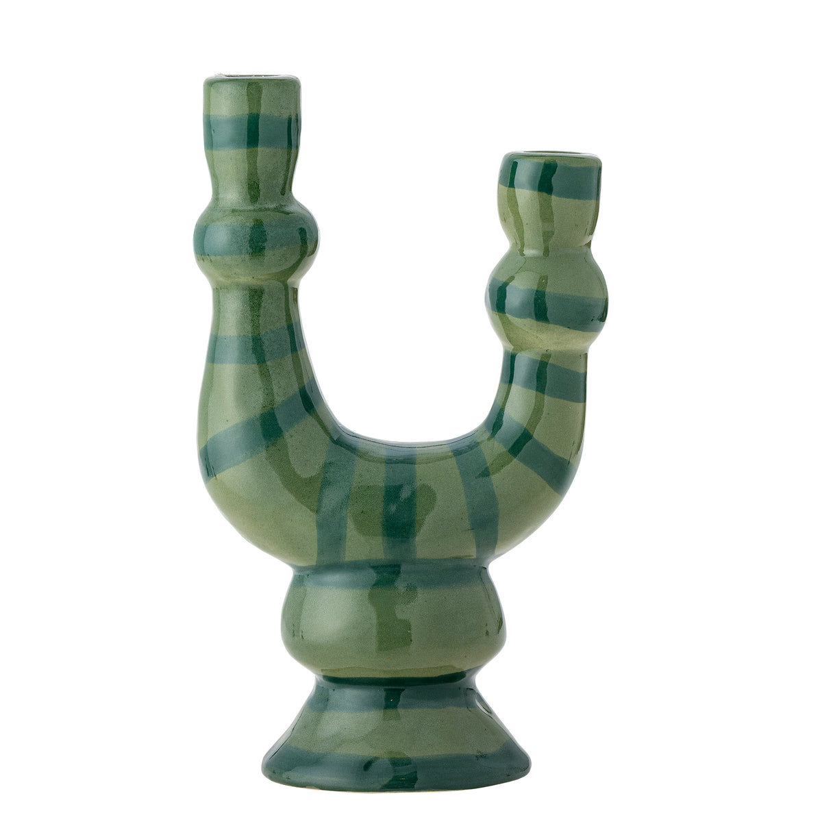 Salandy green stoneware candle holder with a sculptural U-shape and hand-painted dark green stripes on a white background