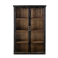 Hazem cabinet in black distressed firwood with glazed doors closed, photographed straight-on against a white background