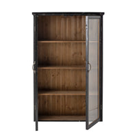 Hazem cabinet in black distressed firwood with one glazed door open, showing the four-tier wood shelving inside