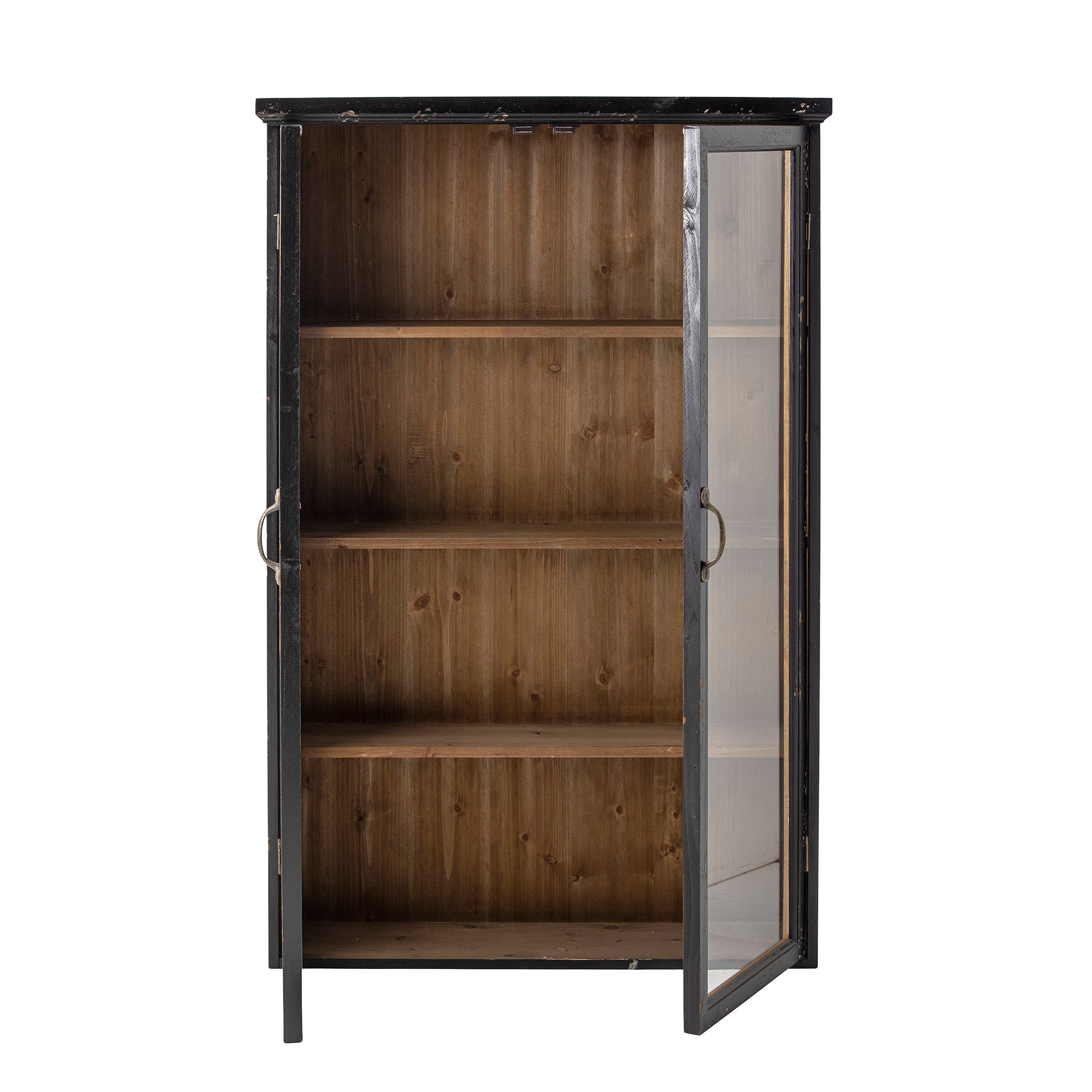 Hazem cabinet in black distressed firwood with one glazed door open, showing the four-tier wood shelving inside
