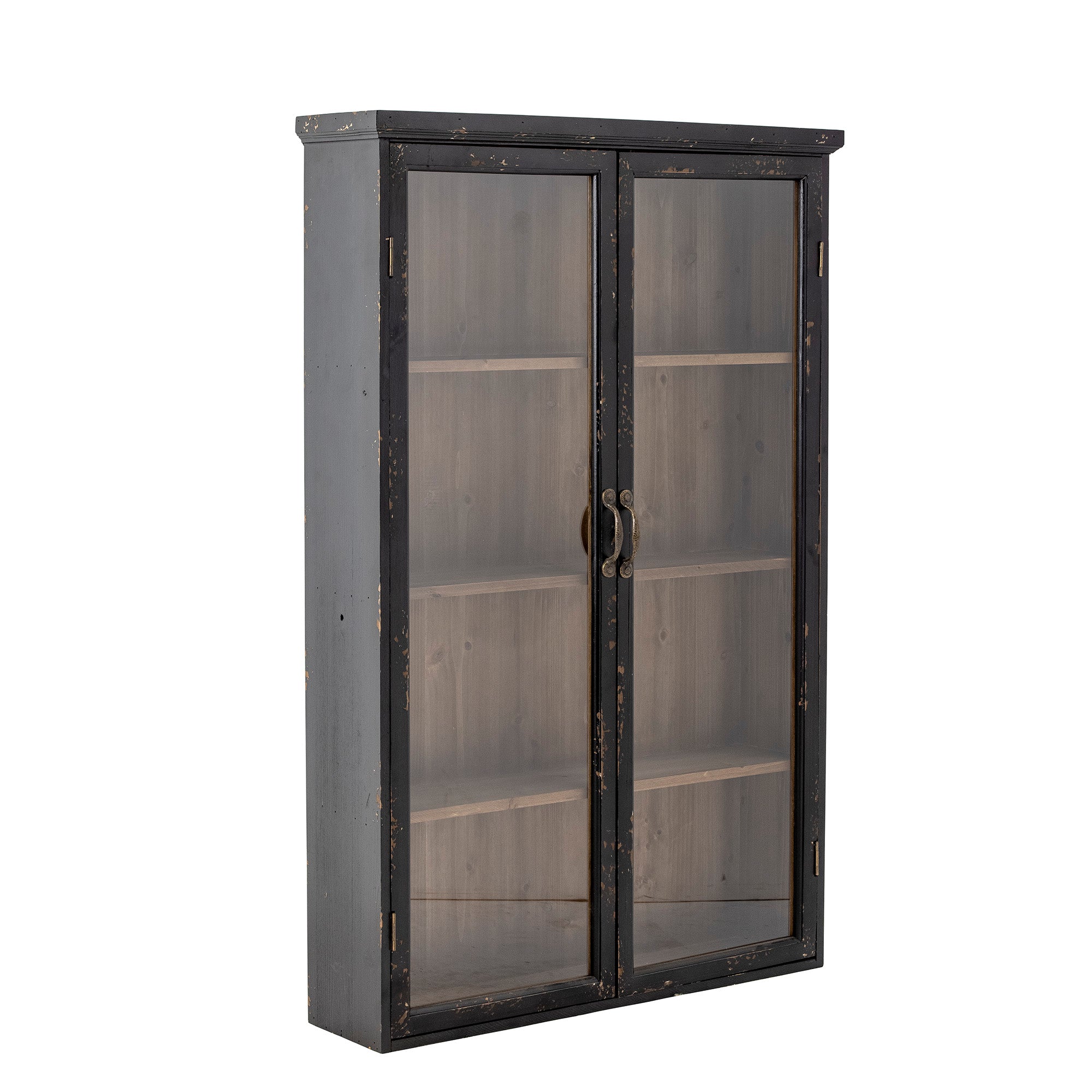 Angled view of the Hazem cabinet in black distressed firwood with one door open, showing its depth and shelving