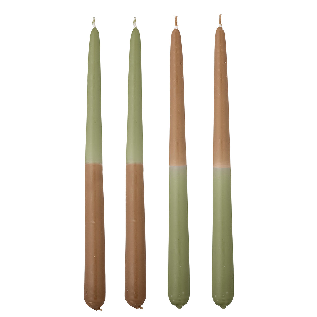 four green dip dye burma candles by bloomingville showing handmade variation