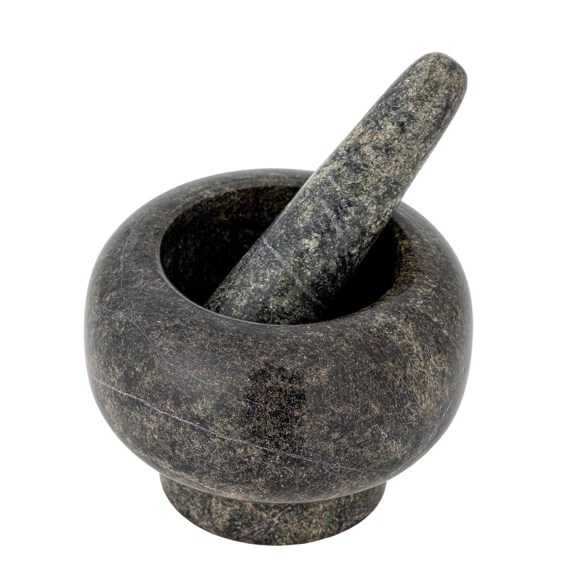 Arazo green marble mortar and pestle, angled view showing polish and colour
