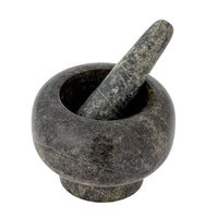 Arazo green marble mortar and pestle, angled view showing polish and colour
