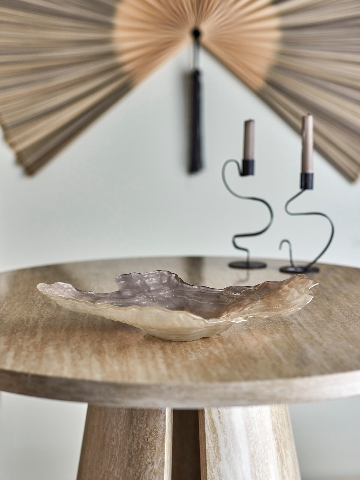 Aiku frosted oyster glass bowl styled on a round marble side table