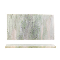 Keika green marble serving board photographed from above and in profile on a white background, showing the polished stone's grey-green veining
