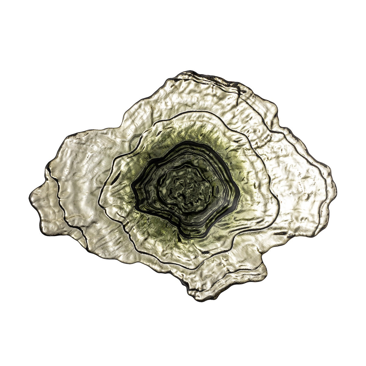 Aiku olive green glass bowl top down view showing layered rippled pattern