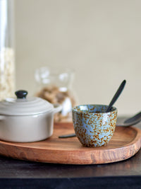 Paula cup blue brown stoneware styled on a breakfast tray
