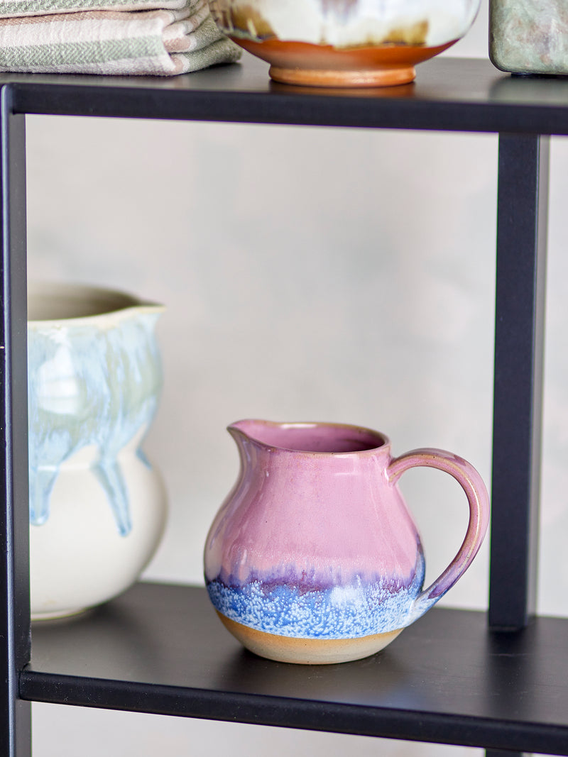 pink and blue bloomingville paula milk jug styled on a shelf with other ceramics