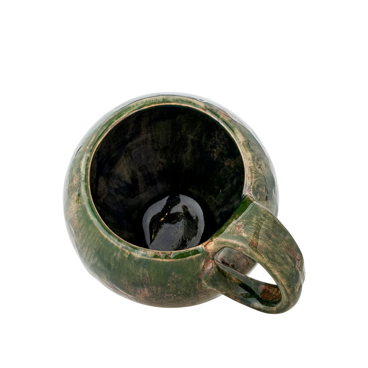 Avonlea cup with deep green reactive glaze, top view showing round handle
