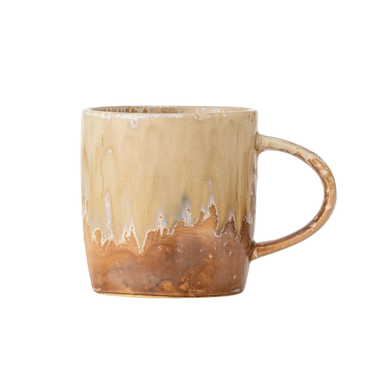 neutral stoneware mug with unique beige and brown glaze variations
