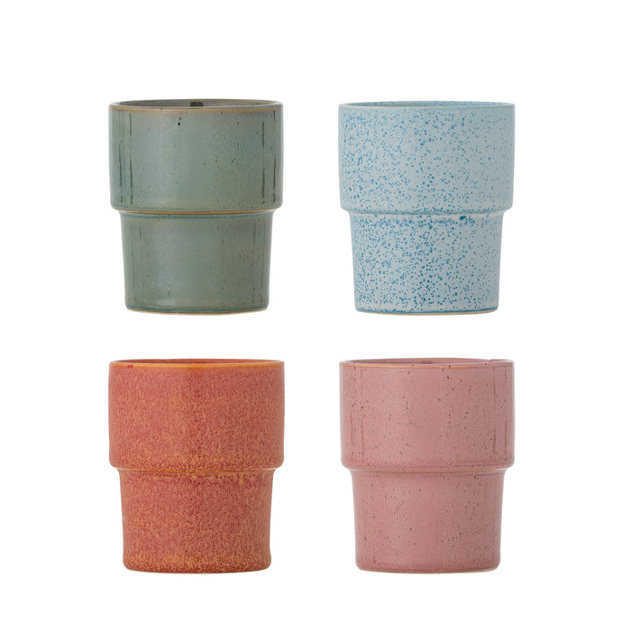 four bloomingville ewan cups in green blue pink and terracotta reactive glazes
